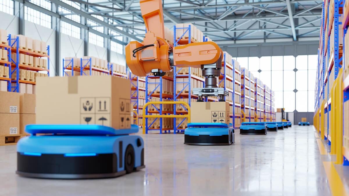 A warehouse floor with robots transporting packages