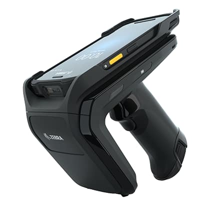 A handheld Zebra scanner with attached mobile computer