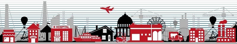 A banner with icons of transport vehicles and buildings