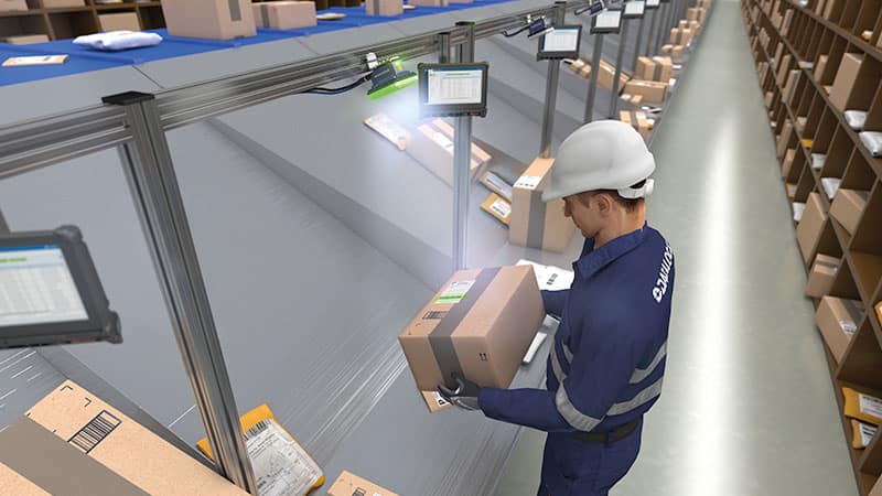 A digitally rendered warehouse worker with a Datalogic branded top